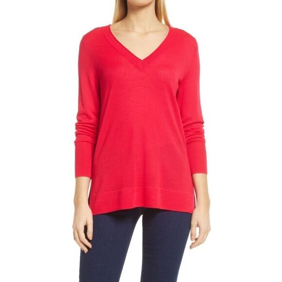 Halogen Merino Wool Blend V-neck Sweater Women’s L Red Fine Knit - Picture 1 of 13